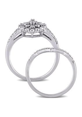 1/4 CT TW Diamond Cluster Ring Set Sterling Silver