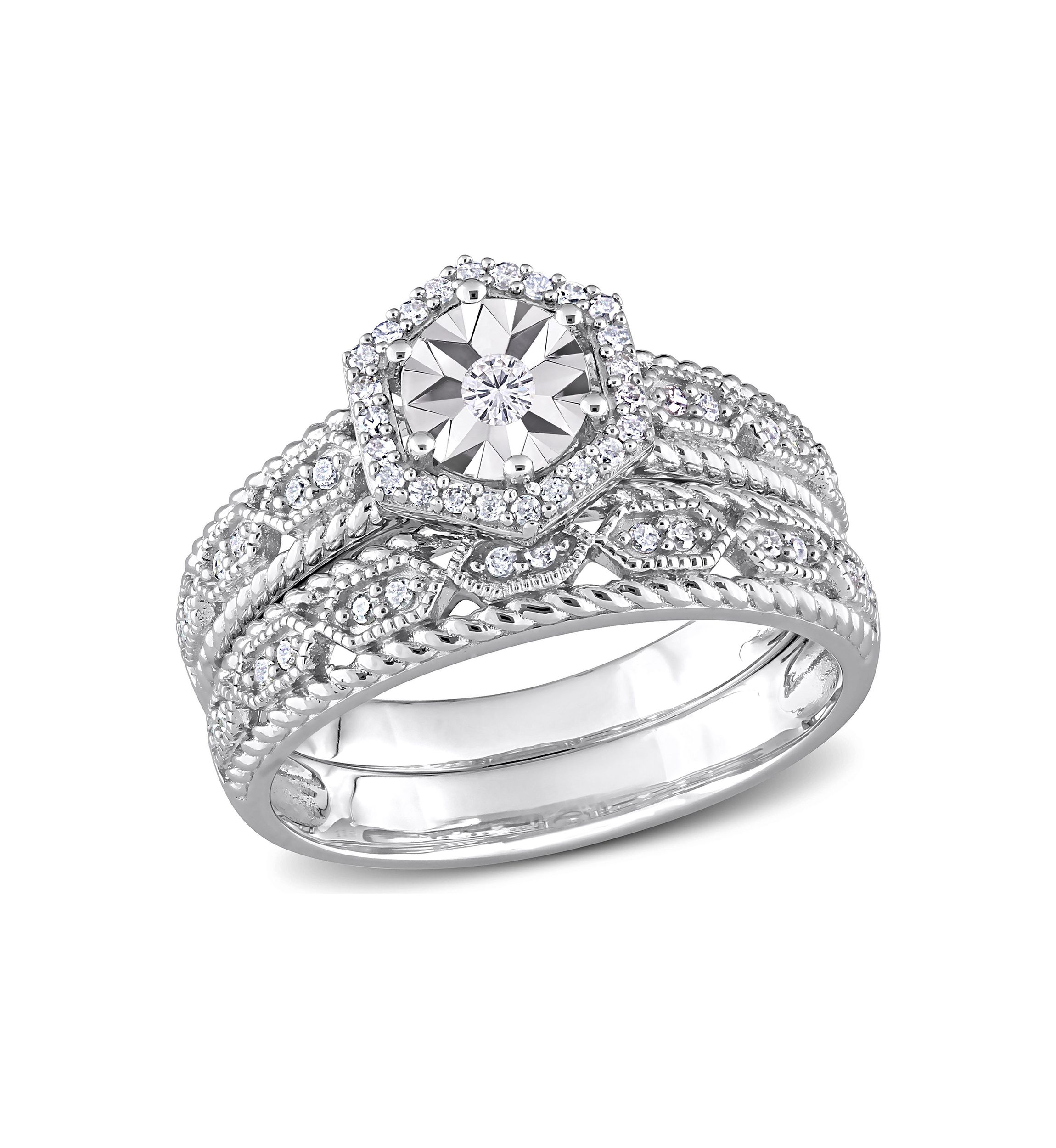 1/4 CT TW Diamond Hexagon Halo Bridal Ring Set in Sterling Silver