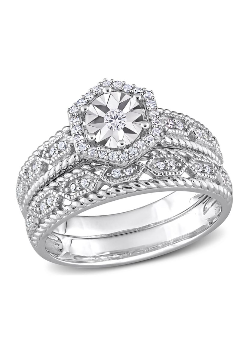 1/4 CT TW Diamond Hexagon Halo Bridal Ring Set in Sterling Silver