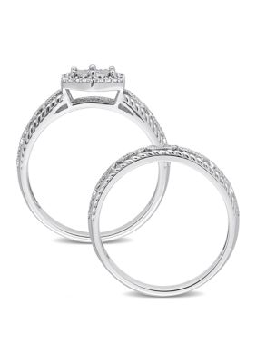 1/4 CT TW Diamond Hexagon Halo Bridal Ring Set Sterling Silver