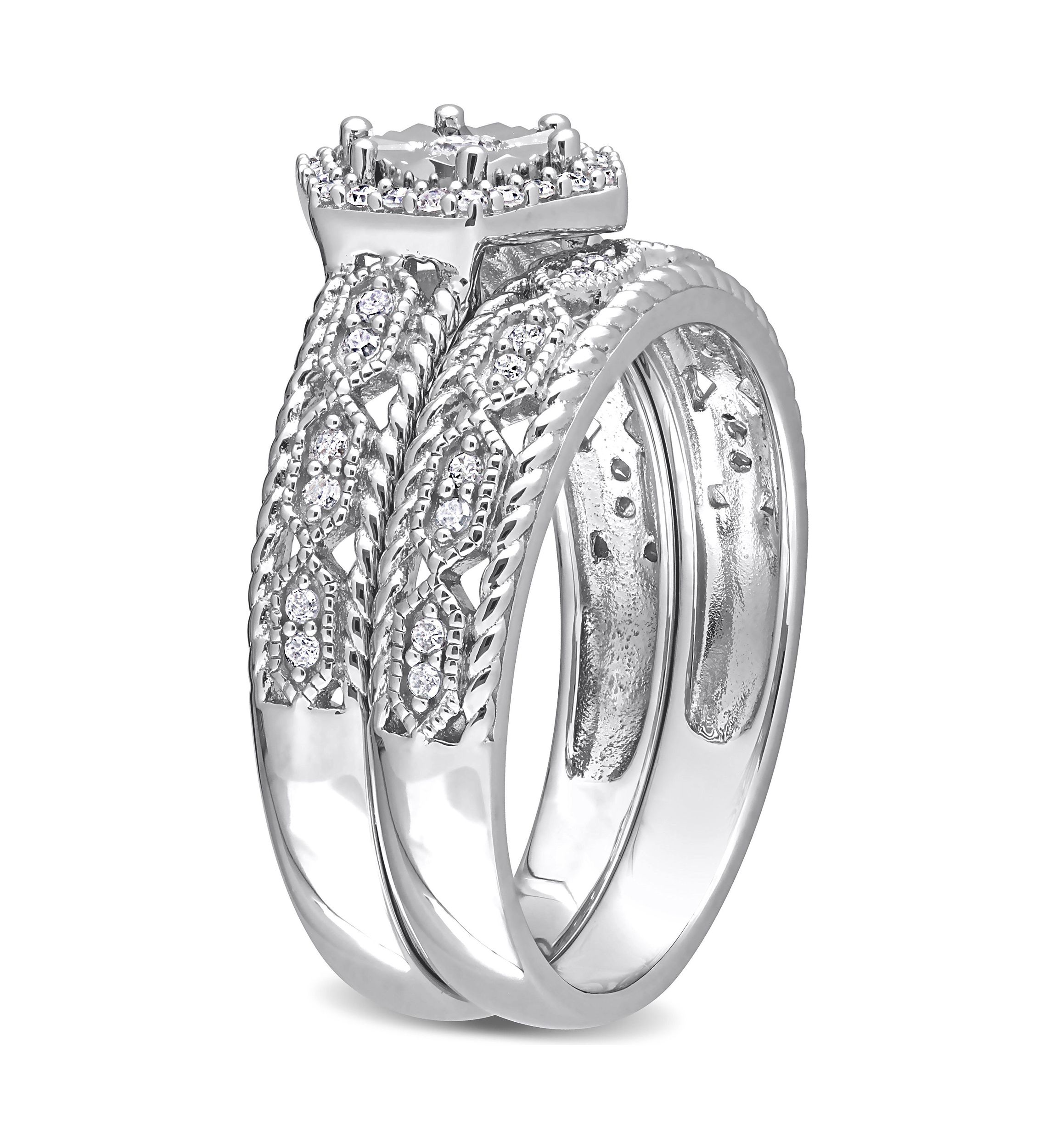1/4 CT TW Diamond Hexagon Halo Bridal Ring Set in Sterling Silver
