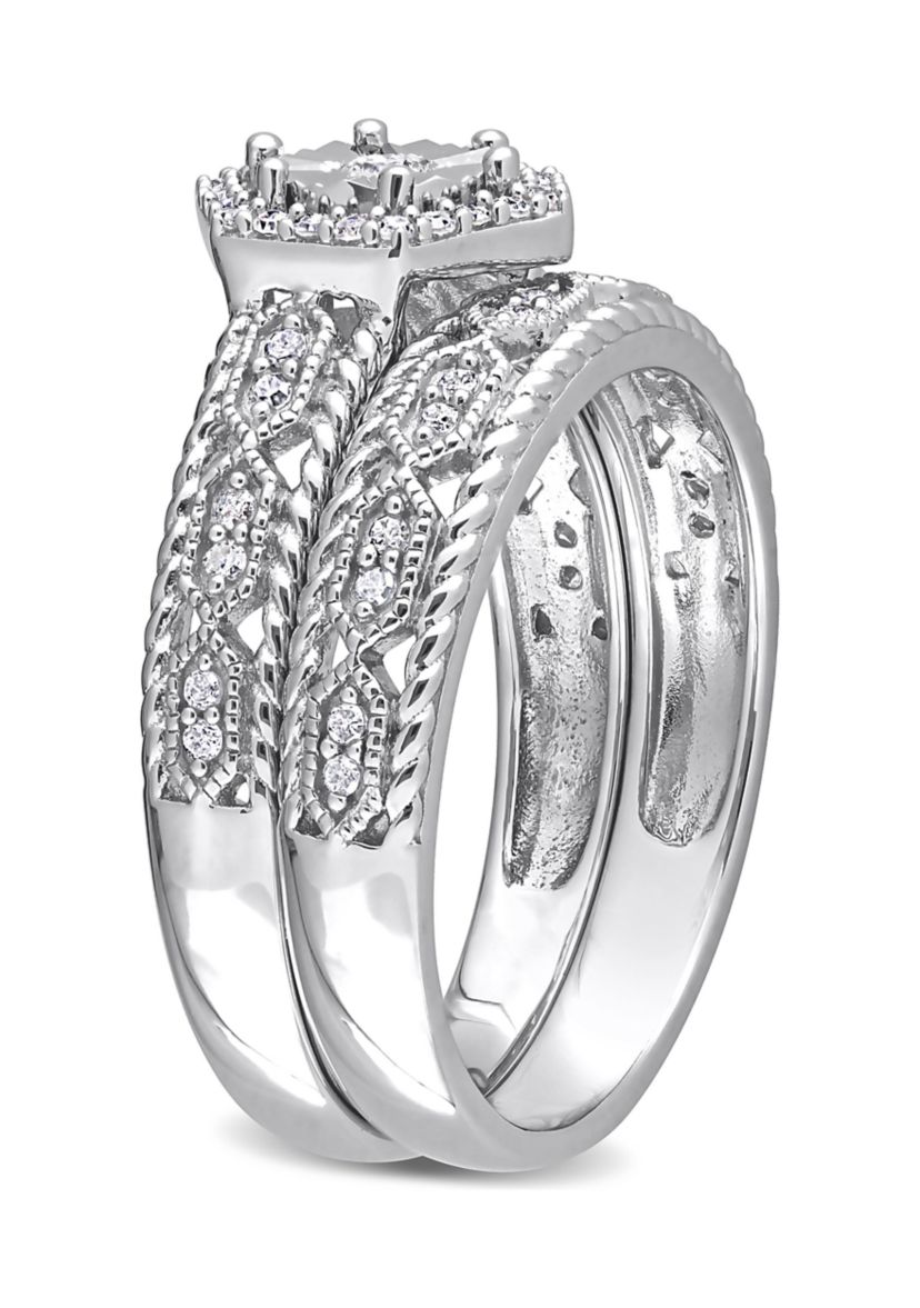 1/4 CT TW Diamond Hexagon Halo Bridal Ring Set in Sterling Silver