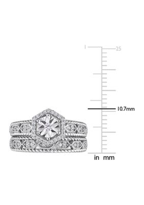 1/4 CT TW Diamond Hexagon Halo Bridal Ring Set Sterling Silver