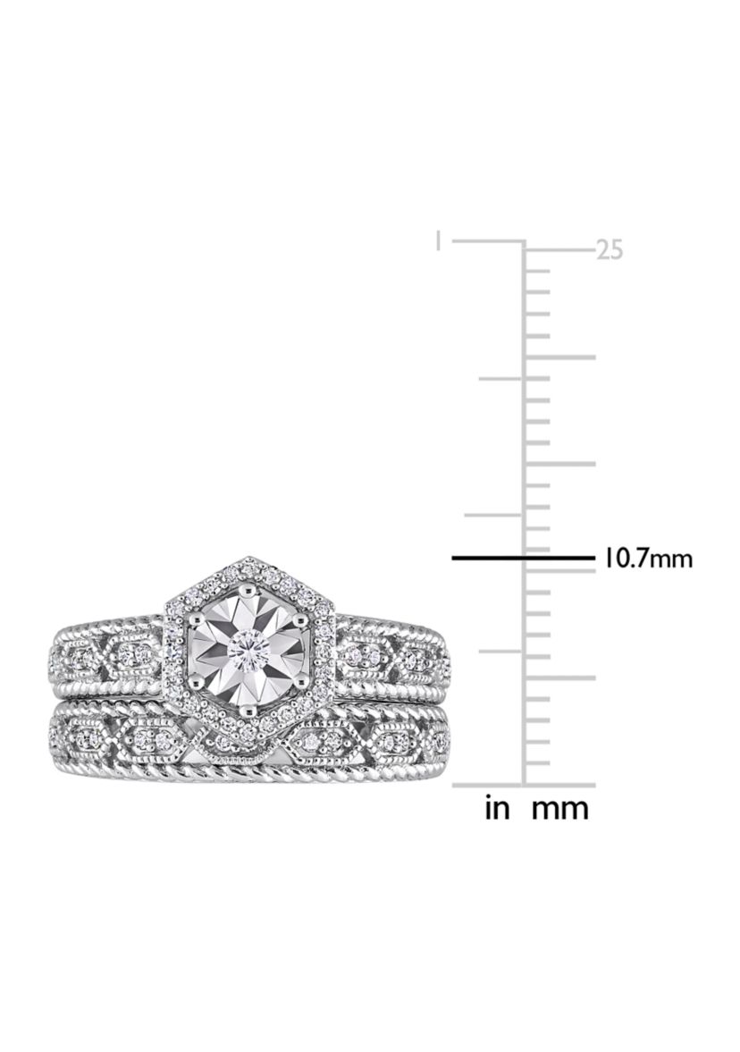 1/4 CT TW Diamond Hexagon Halo Bridal Ring Set in Sterling Silver