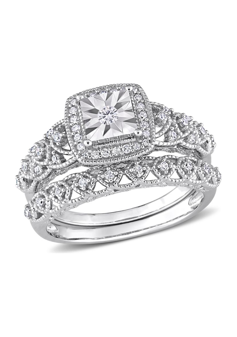 1/3 CT TW Diamond Square Halo Bridal Ring Set in Sterling Silver