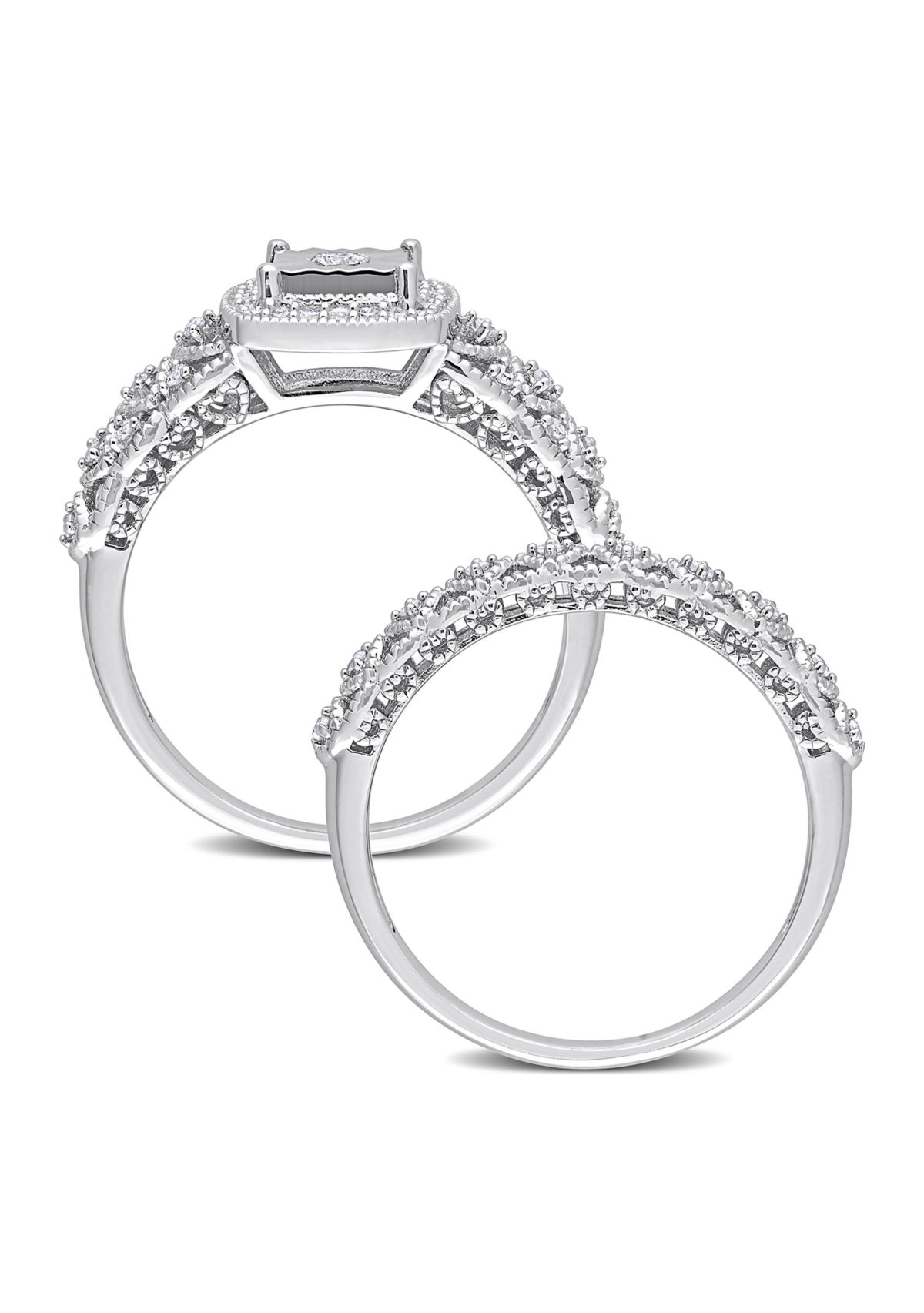 1/3 CT TW Diamond Square Halo Bridal Ring Set in Sterling Silver