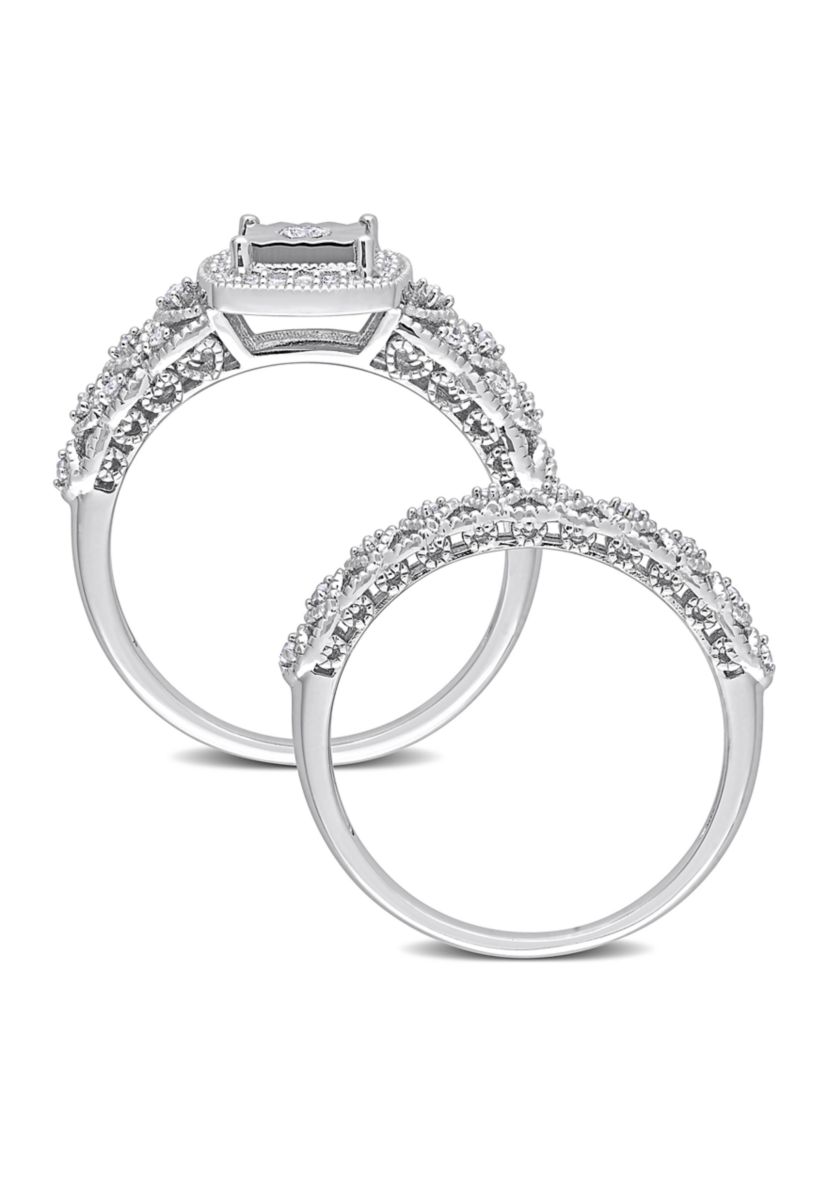 1/3 CT TW Diamond Square Halo Bridal Ring Set in Sterling Silver