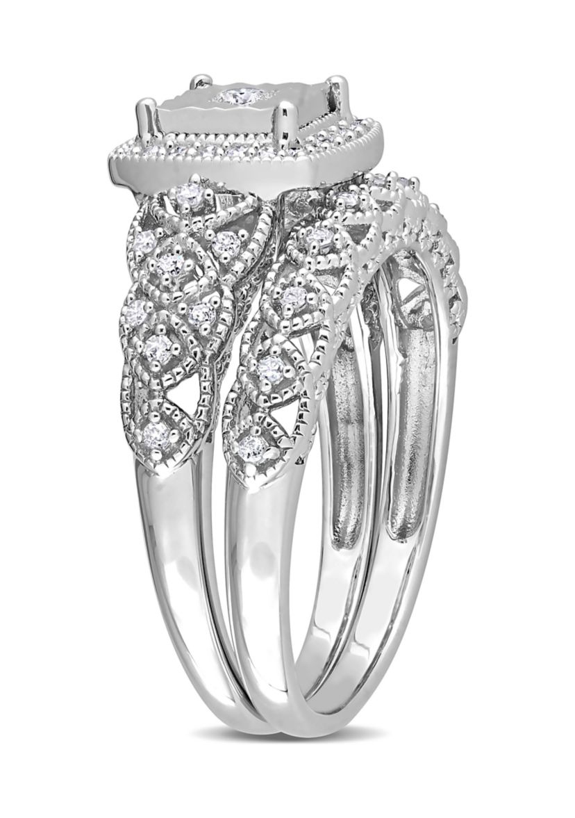 1/3 CT TW Diamond Square Halo Bridal Ring Set in Sterling Silver