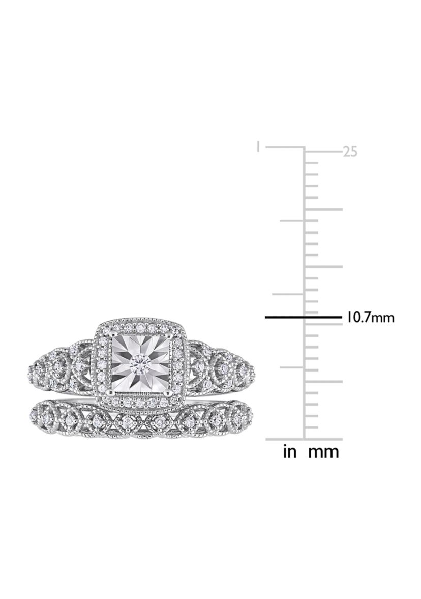 1/3 CT TW Diamond Square Halo Bridal Ring Set in Sterling Silver