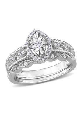 1/5 CT TW Diamond Oval Halo Bridal Ring Set Sterling Silver