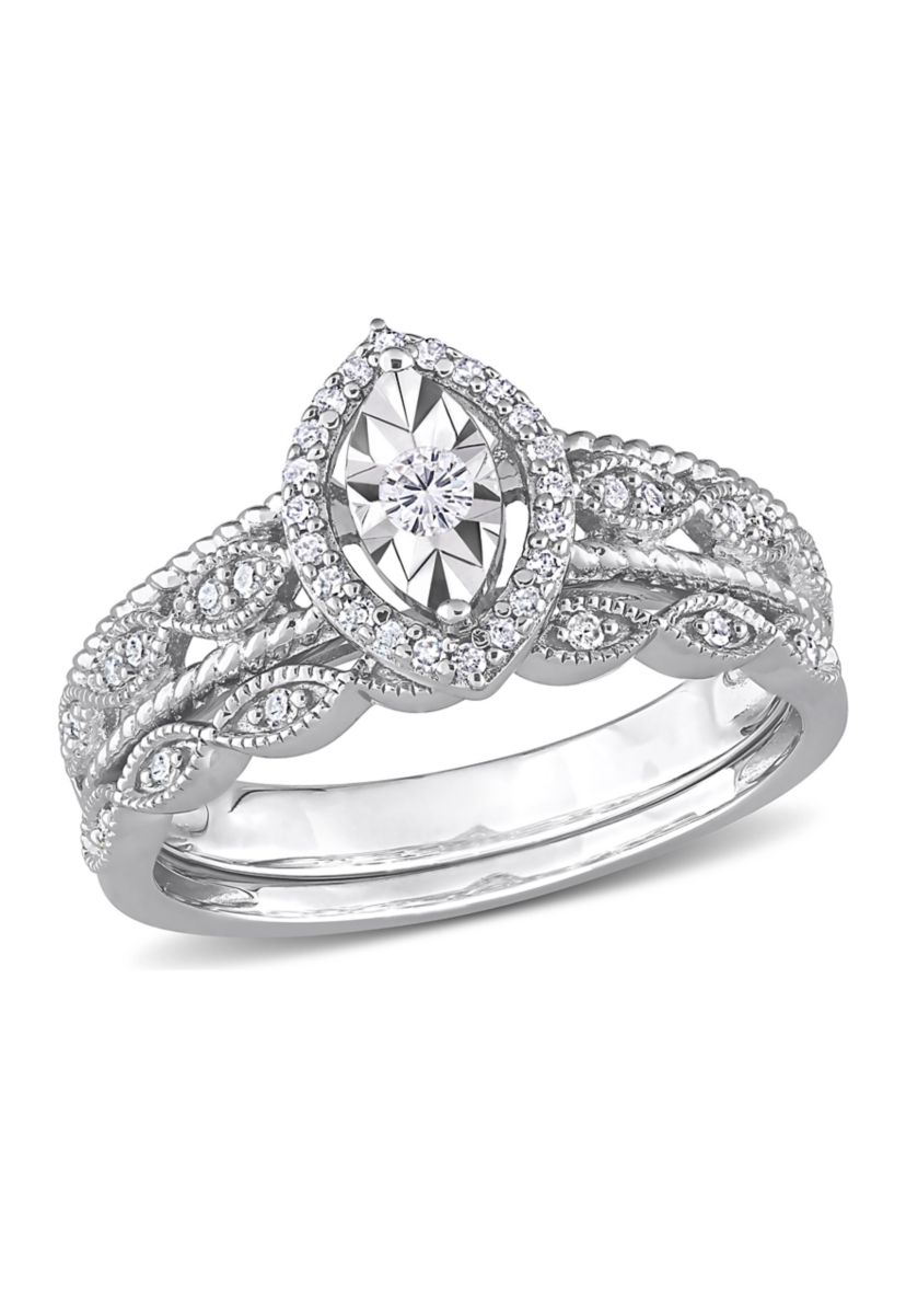 1/5 CT TW Diamond Oval Halo Bridal Ring Set in Sterling Silver