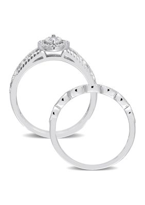 1/5 CT TW Diamond Oval Halo Bridal Ring Set Sterling Silver