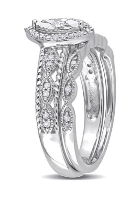 1/5 CT TW Diamond Oval Halo Bridal Ring Set Sterling Silver