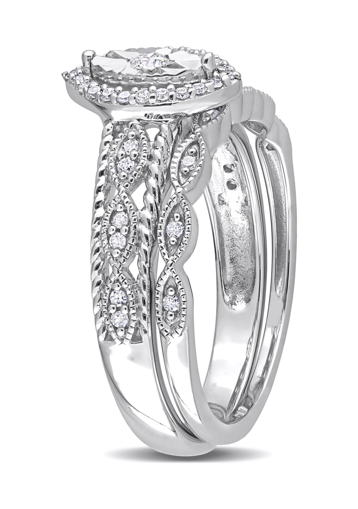1/5 CT TW Diamond Oval Halo Bridal Ring Set in Sterling Silver
