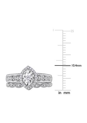 1/5 CT TW Diamond Oval Halo Bridal Ring Set Sterling Silver