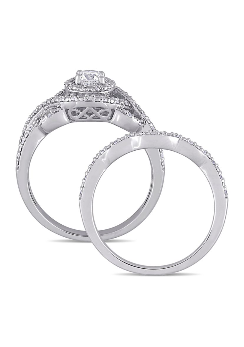 1/2 CT TW Diamond Double Halo Twist Bridal Set in 14k White Gold