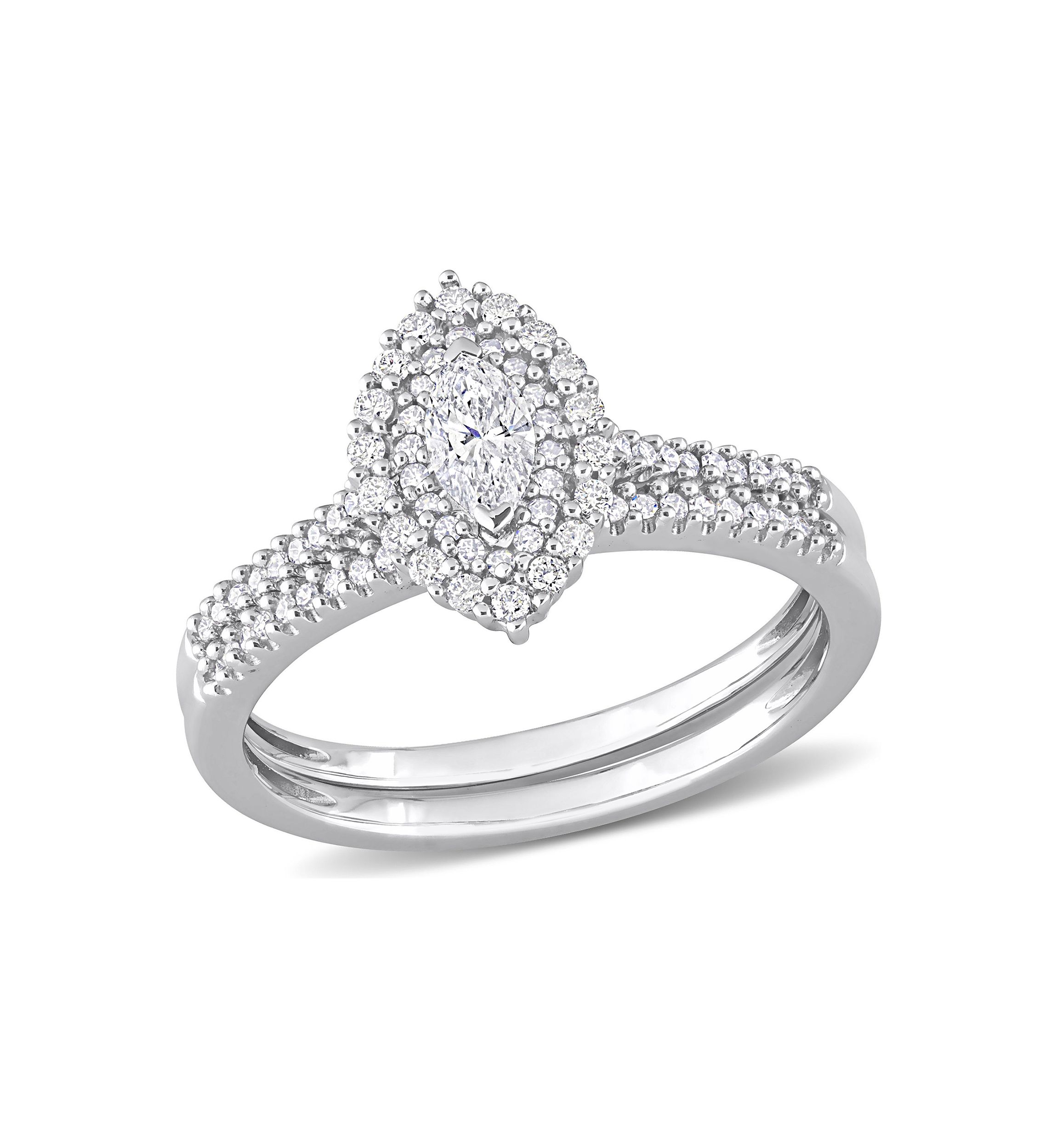 1/2 CT TW Marquise & Round Diamond Double Halo Cluster Bridal Set in 14k White Gold