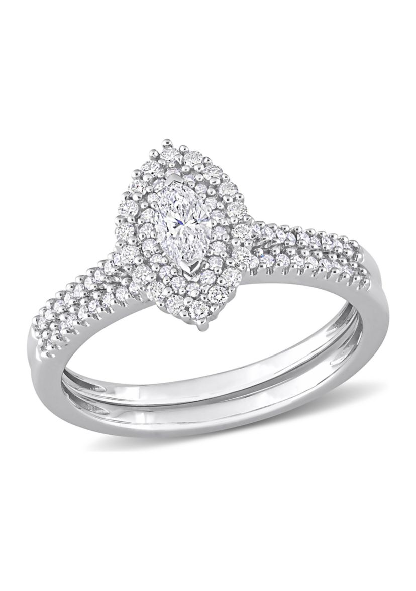 1/2 CT TW Marquise & Round Diamond Double Halo Cluster Bridal Set in 14k White Gold