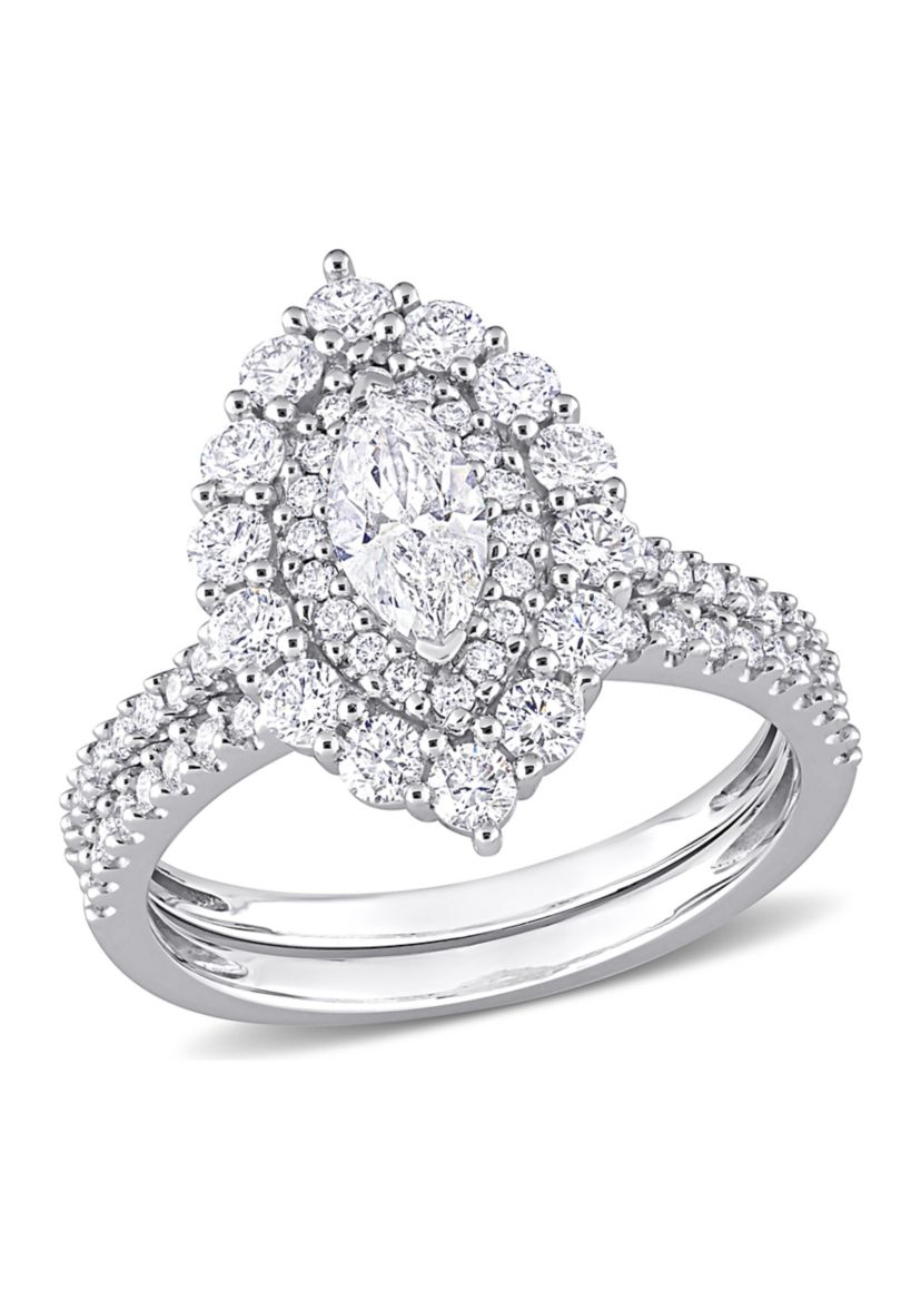 1/2 CT TW Marquise & Round Diamond Double Halo Cluster Bridal Set in 14k White Gold