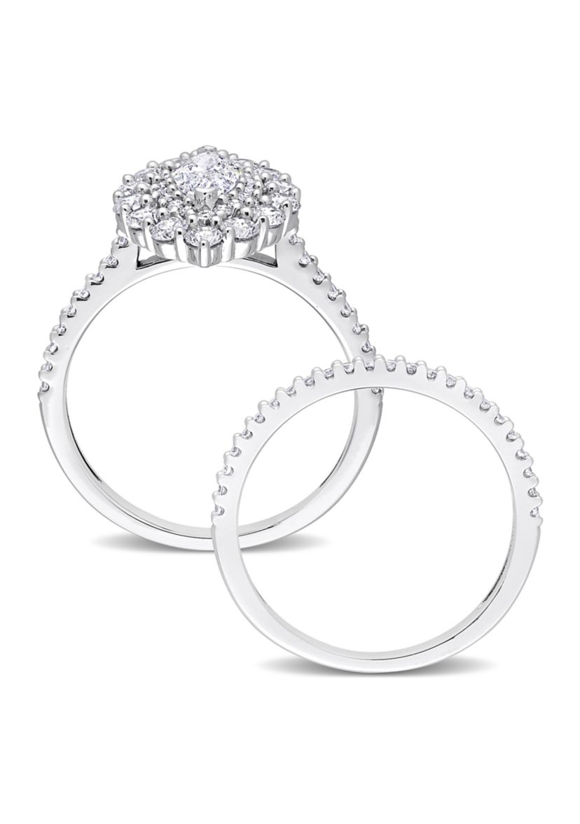 1/2 CT TW Marquise & Round Diamond Double Halo Cluster Bridal Set in 14k White Gold