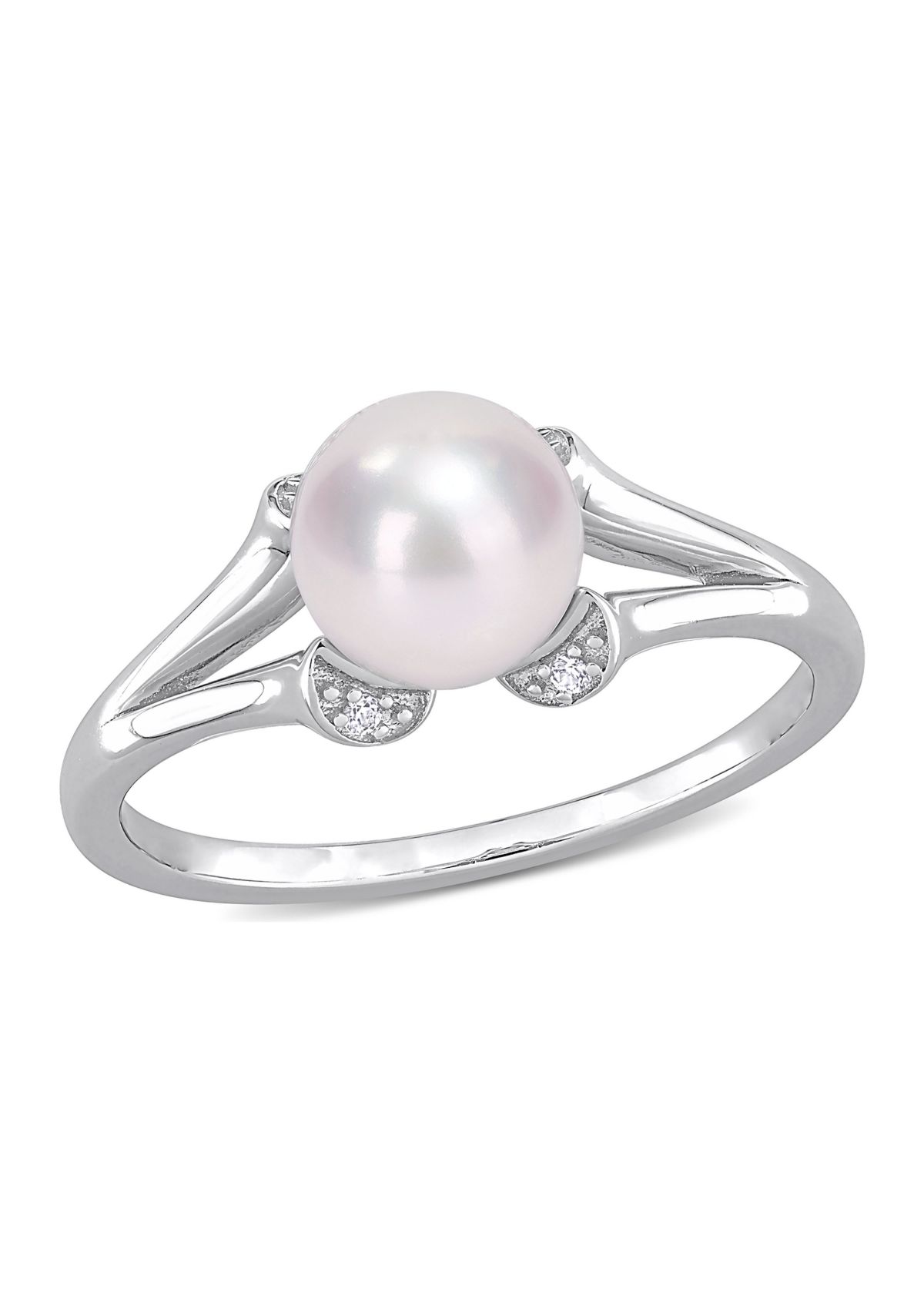 Lab Created 7-7.5mm Freshwater Cultured Pearl and Created White Sapphire Split-Shank Ring in Sterling Silver