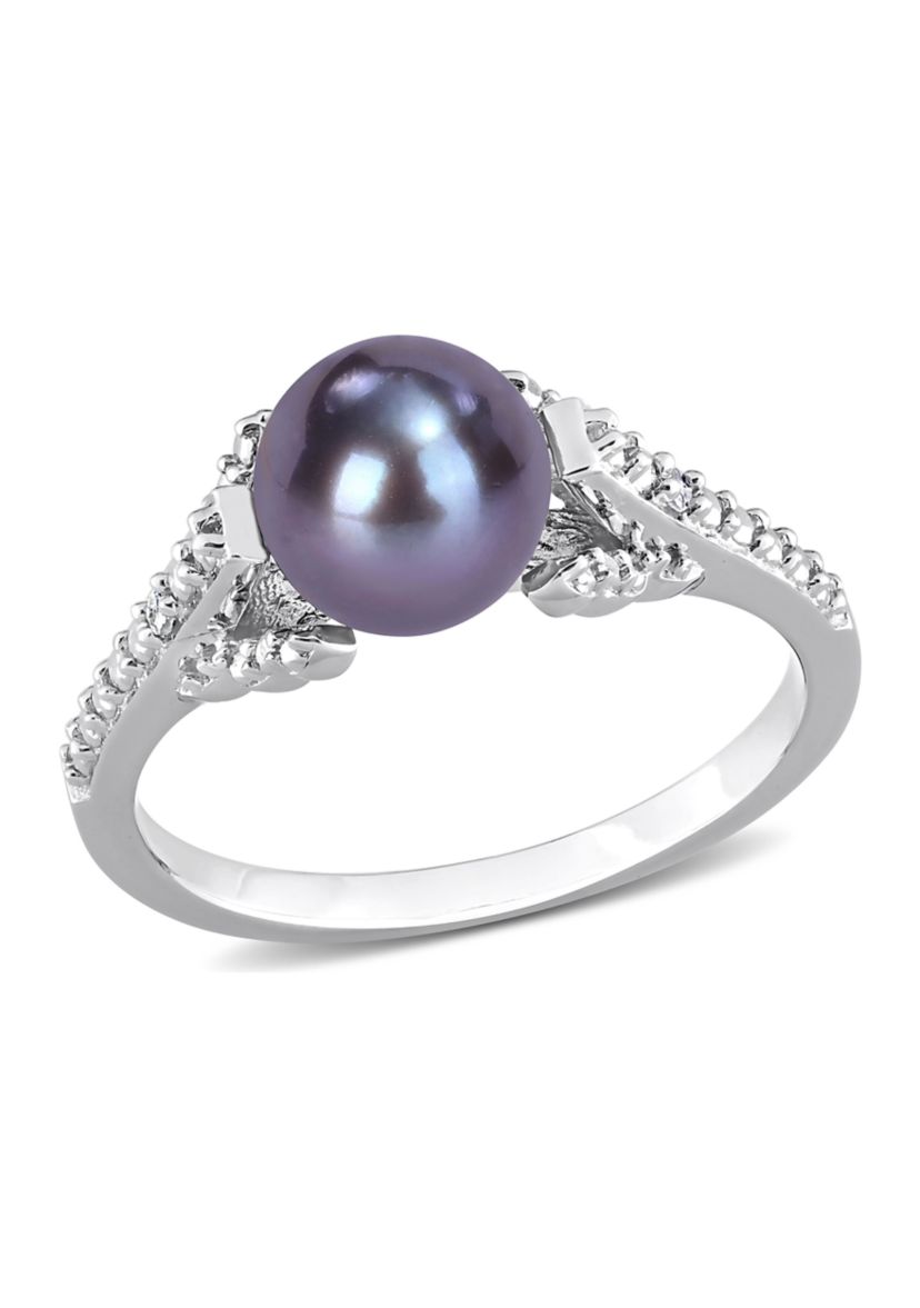 7-7.5mm Black Freshwater Cultured Pearl and Diamond Accent Split Shank Ring in Sterling Silver