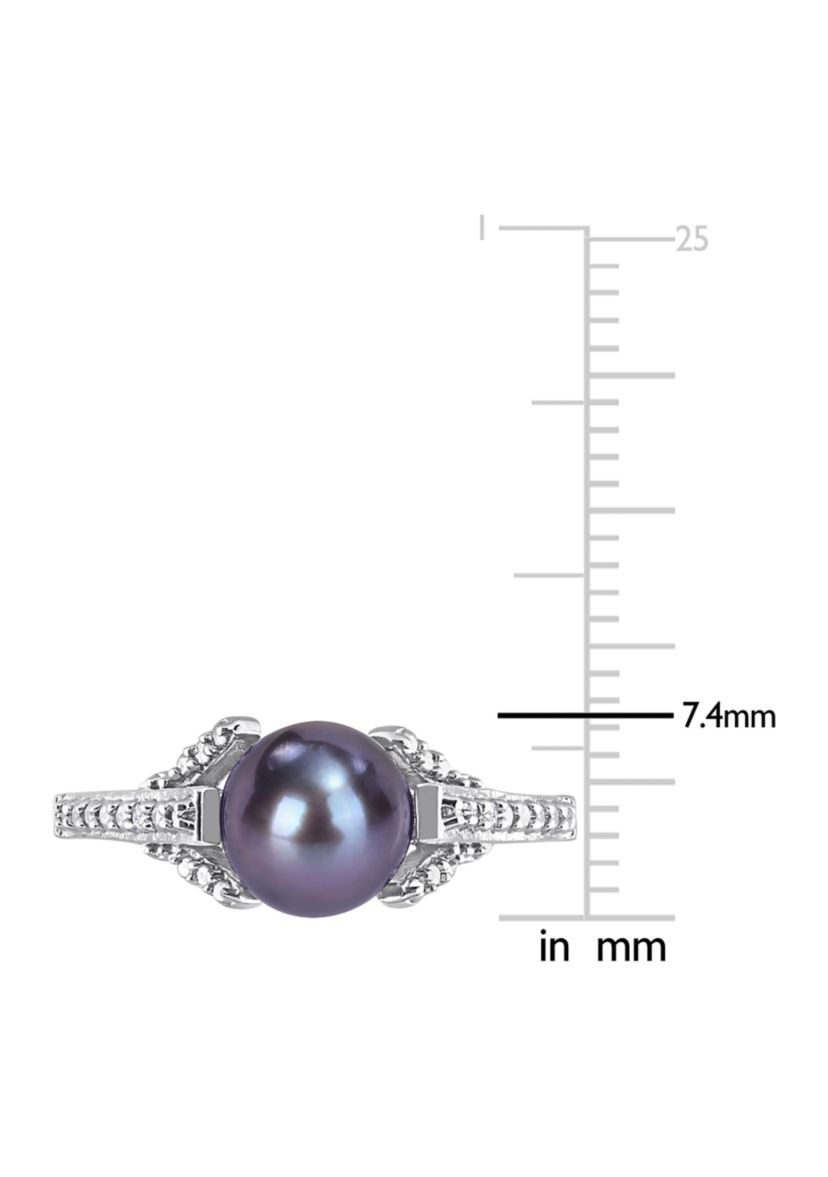 7-7.5mm Black Freshwater Cultured Pearl and Diamond Accent Split Shank Ring in Sterling Silver