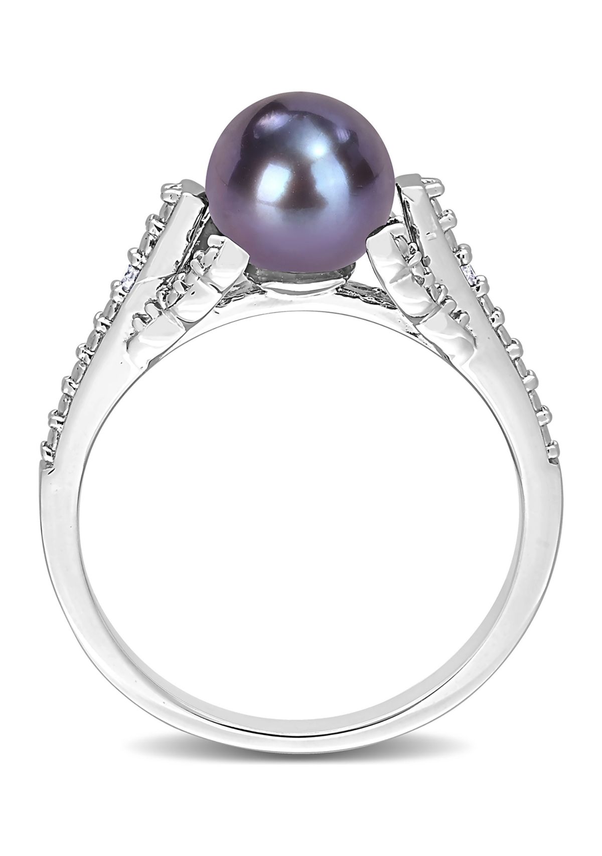 7-7.5mm Black Freshwater Cultured Pearl and Diamond Accent Split Shank Ring in Sterling Silver