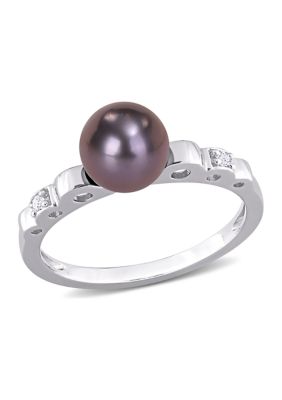 Belk & Co 7-7.5mm Black Freshwater Cultured Pearl and White Topaz Ribbed Design Ring in Sterling Silver