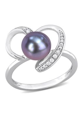 Belk & Co 8-8.5mm Black Freshwater Cultured Pearl and Diamond Accent Heart Ring in Sterling Silver, White