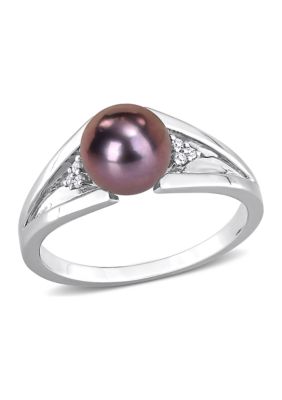 Belk & Co 7-7.5mm Black Freshwater Cultured Pearl and Diamond Accent Split Shank Ring in Sterling Silver
