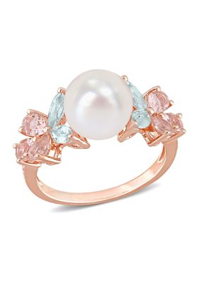 Belk & Co 8.5-9mm Cultured Freshwater Pearl and 1 2/5 CT TGW Morganite Aquamarine White Topaz Cocktail Ring in 18k Rose Plated Sterling Silver, Pink