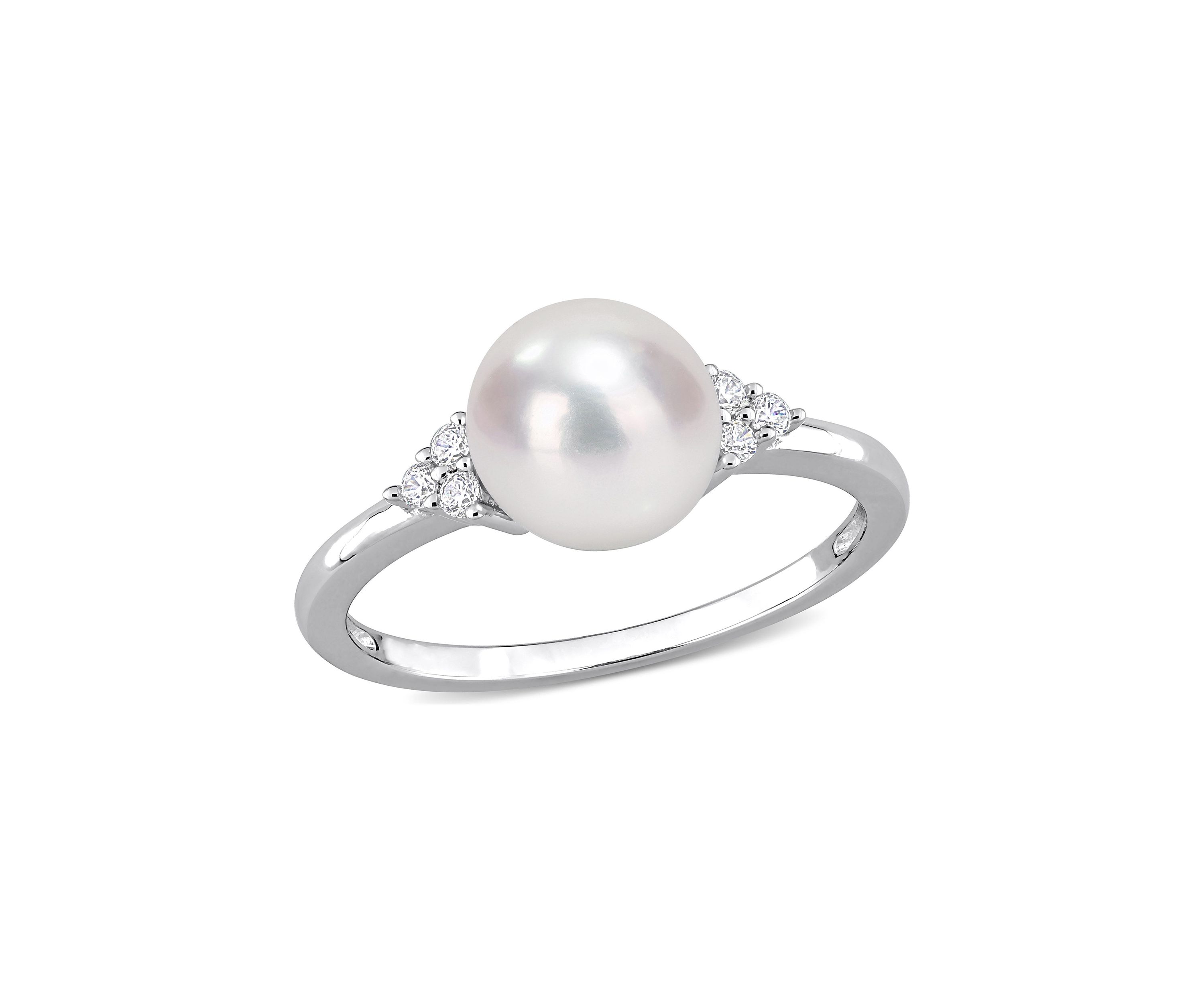 7.5-8mm Freshwater Cultured Pearl and 1/10 CT TGW White Cubic Zirconia Ring in Sterling Silver