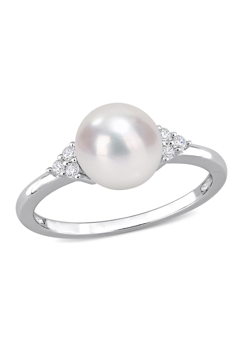 7.5-8mm Freshwater Cultured Pearl and 1/10 CT TGW White Cubic Zirconia Ring in Sterling Silver