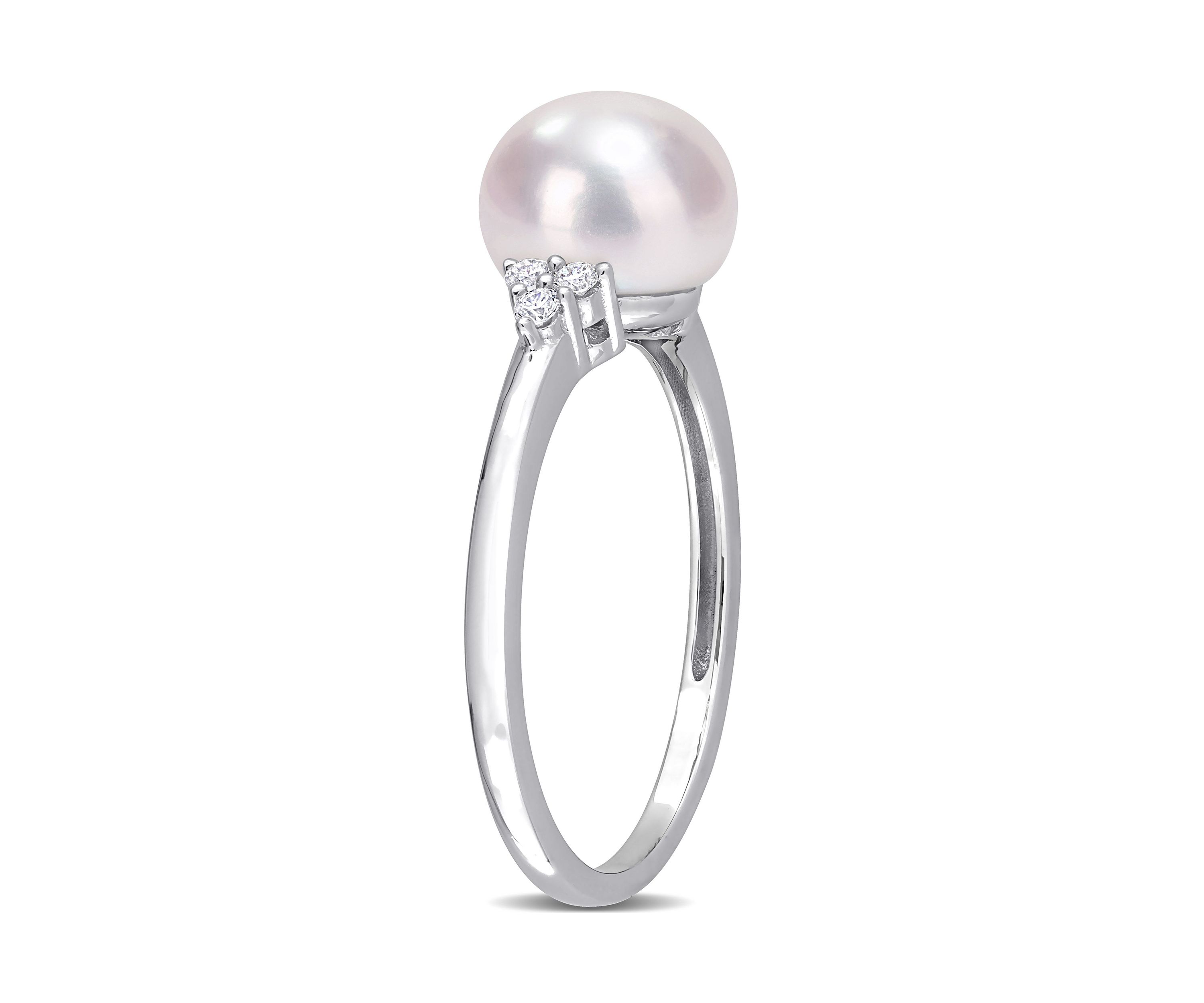 7.5-8mm Freshwater Cultured Pearl and 1/10 CT TGW White Cubic Zirconia Ring in Sterling Silver