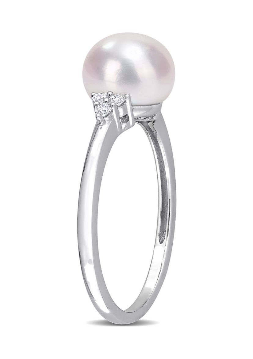 7.5-8mm Freshwater Cultured Pearl and 1/10 CT TGW White Cubic Zirconia Ring in Sterling Silver