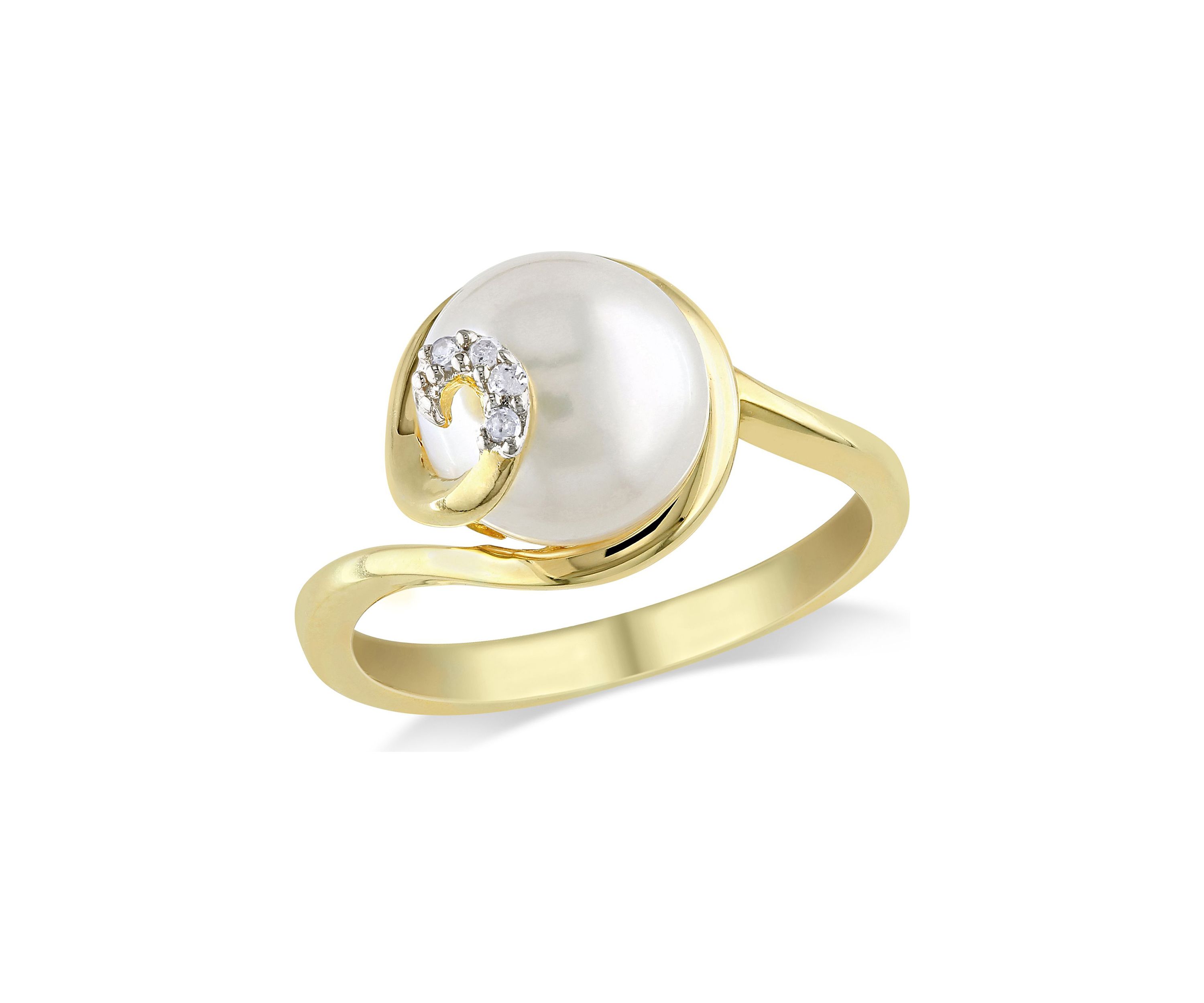 9 - 9.5 MM White Cultured Freshwater Pearl Ring with Diamonds in Yellow Plated Sterling Silver