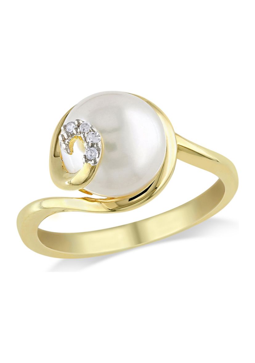 9 - 9.5 MM White Cultured Freshwater Pearl Ring with Diamonds in Yellow Plated Sterling Silver