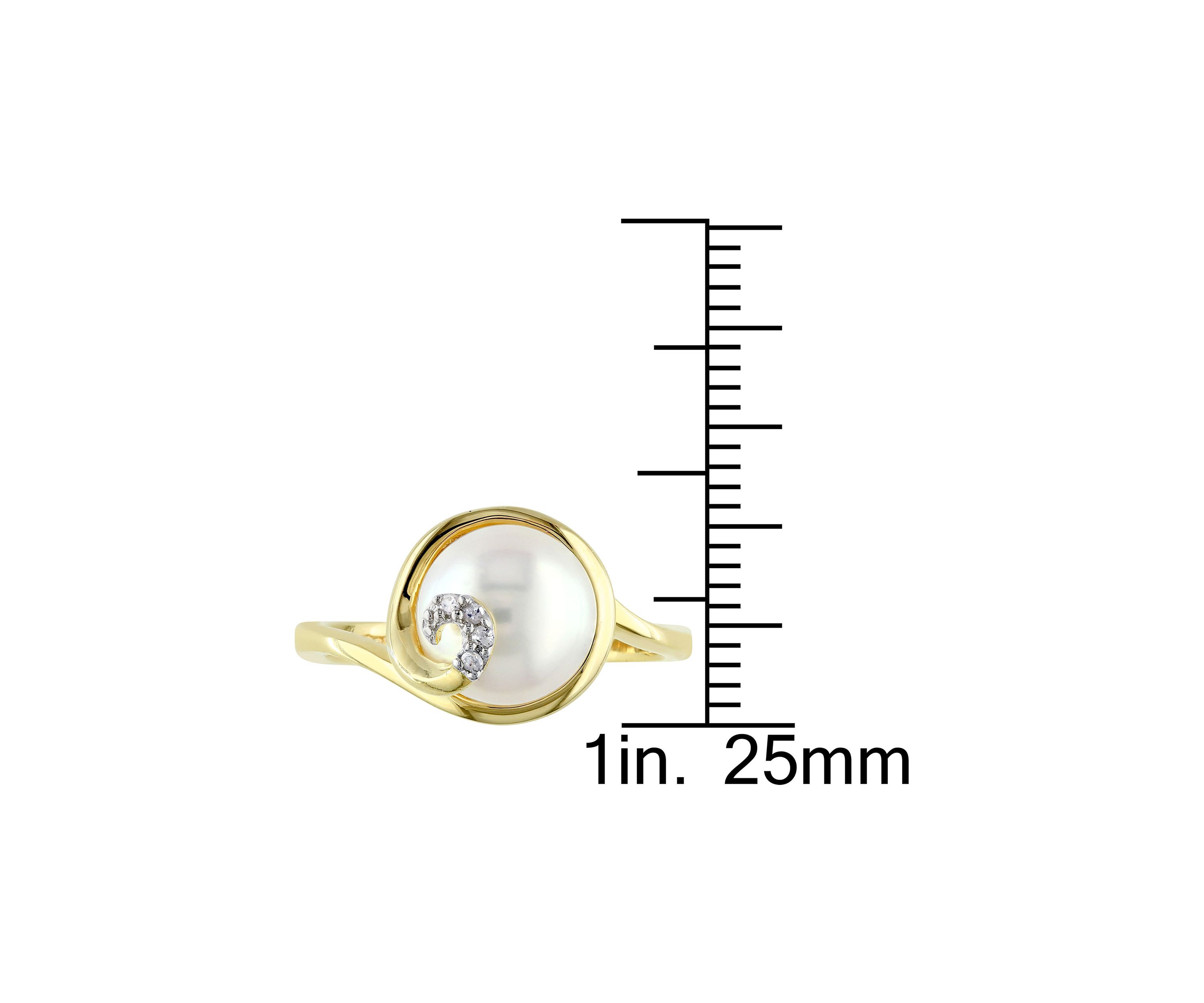 9 - 9.5 MM White Cultured Freshwater Pearl Ring with Diamonds in Yellow Plated Sterling Silver