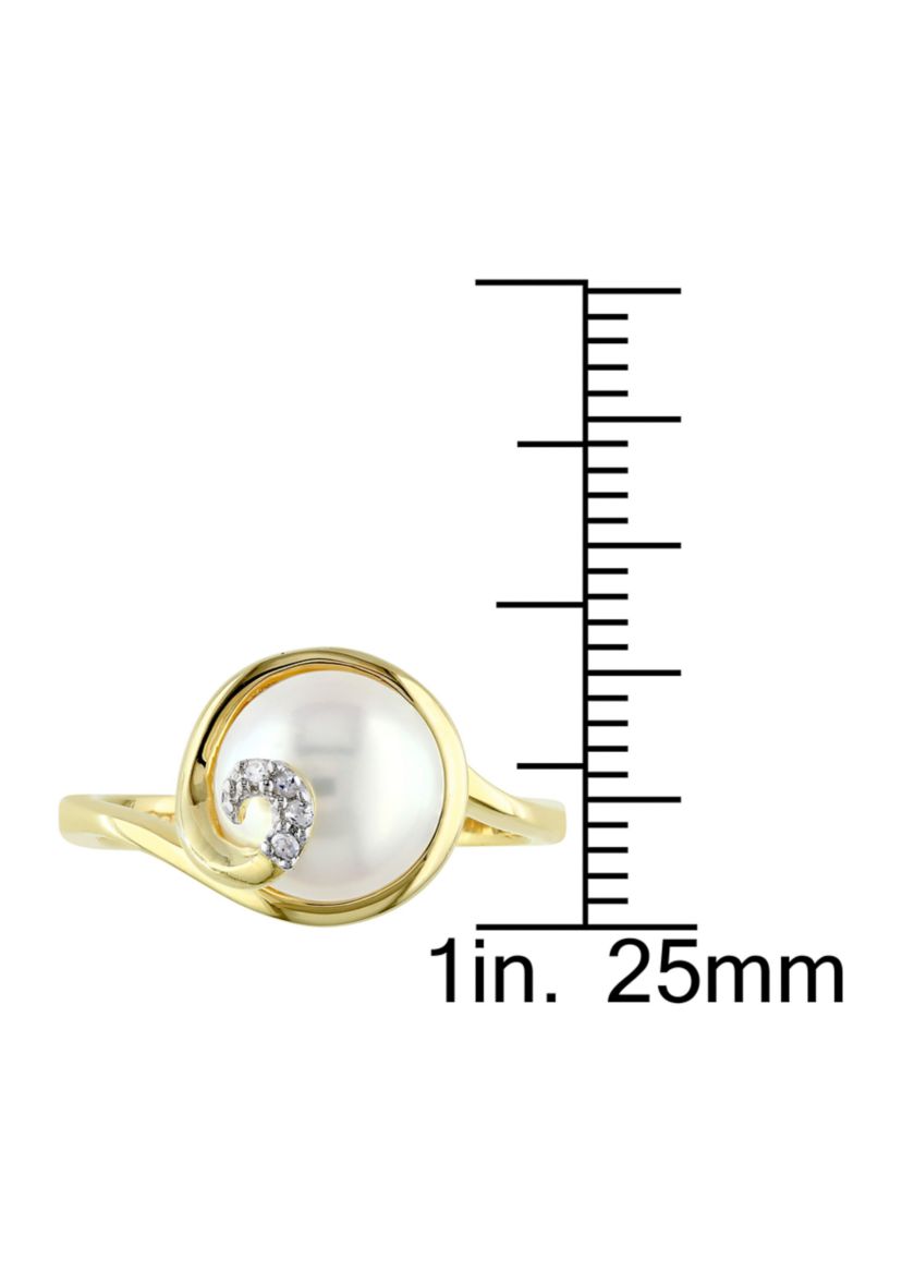 9 - 9.5 MM White Cultured Freshwater Pearl Ring with Diamonds in Yellow Plated Sterling Silver