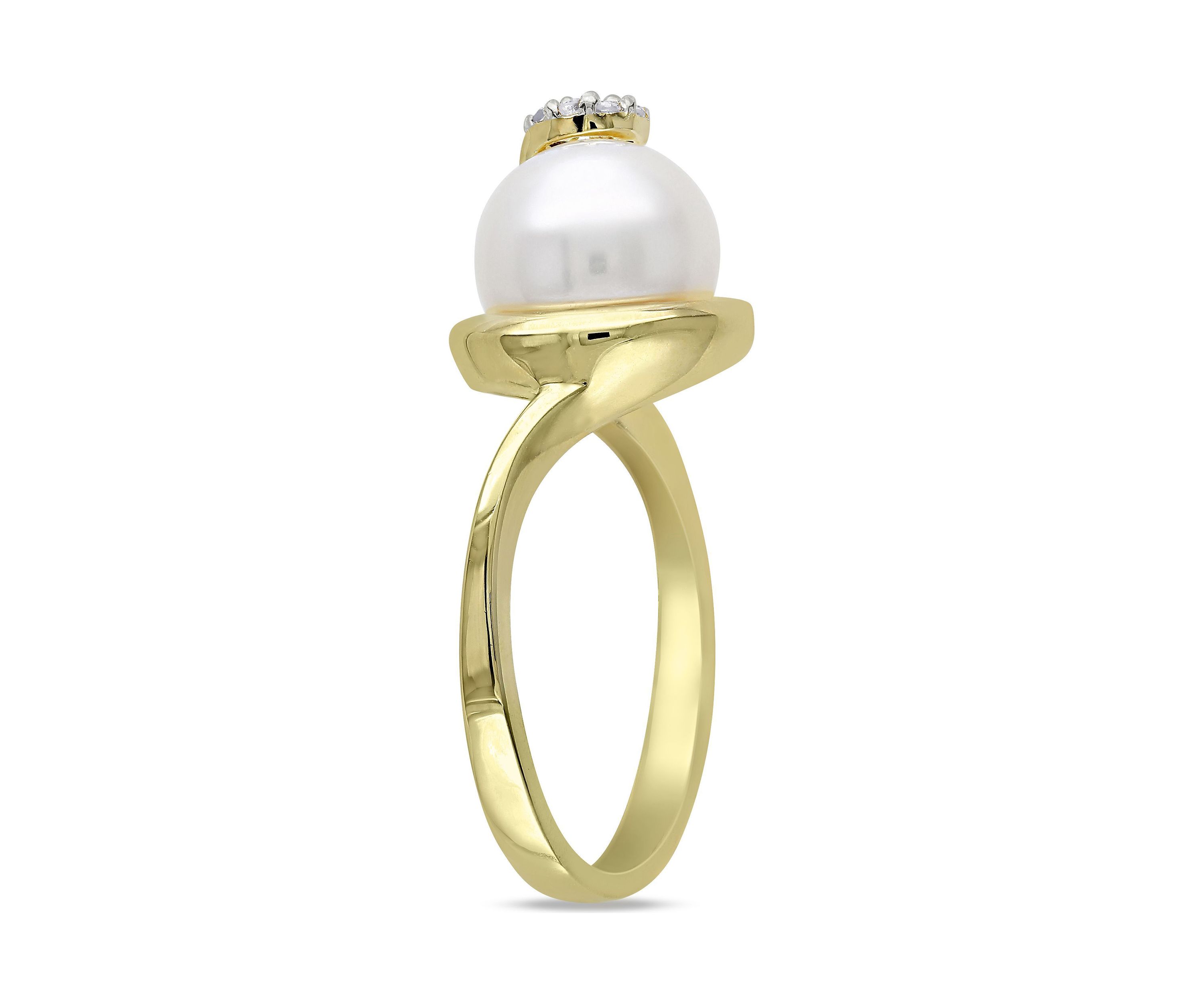9 - 9.5 MM White Cultured Freshwater Pearl Ring with Diamonds in Yellow Plated Sterling Silver