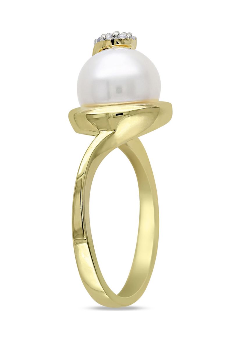 9 - 9.5 MM White Cultured Freshwater Pearl Ring with Diamonds in Yellow Plated Sterling Silver