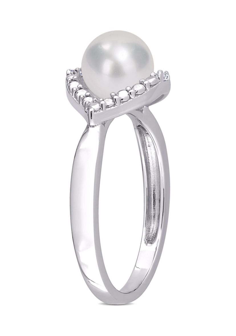 Lab Created 7-7.5mm Freshwater Cultured Pearl and Created White Sapphire Halo Ring in Sterling Silver