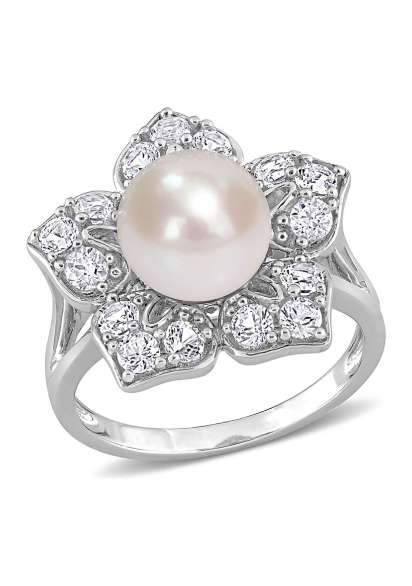 Lab Created 8.5-9mm Freshwater Cultured Pearl and 1 1/3 CT TGW Created White Sapphire Floral Pearl Ring in Sterling Silver