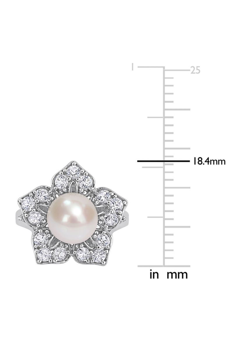 Lab Created 8.5-9mm Freshwater Cultured Pearl and 1 1/3 CT TGW Created White Sapphire Floral Pearl Ring in Sterling Silver