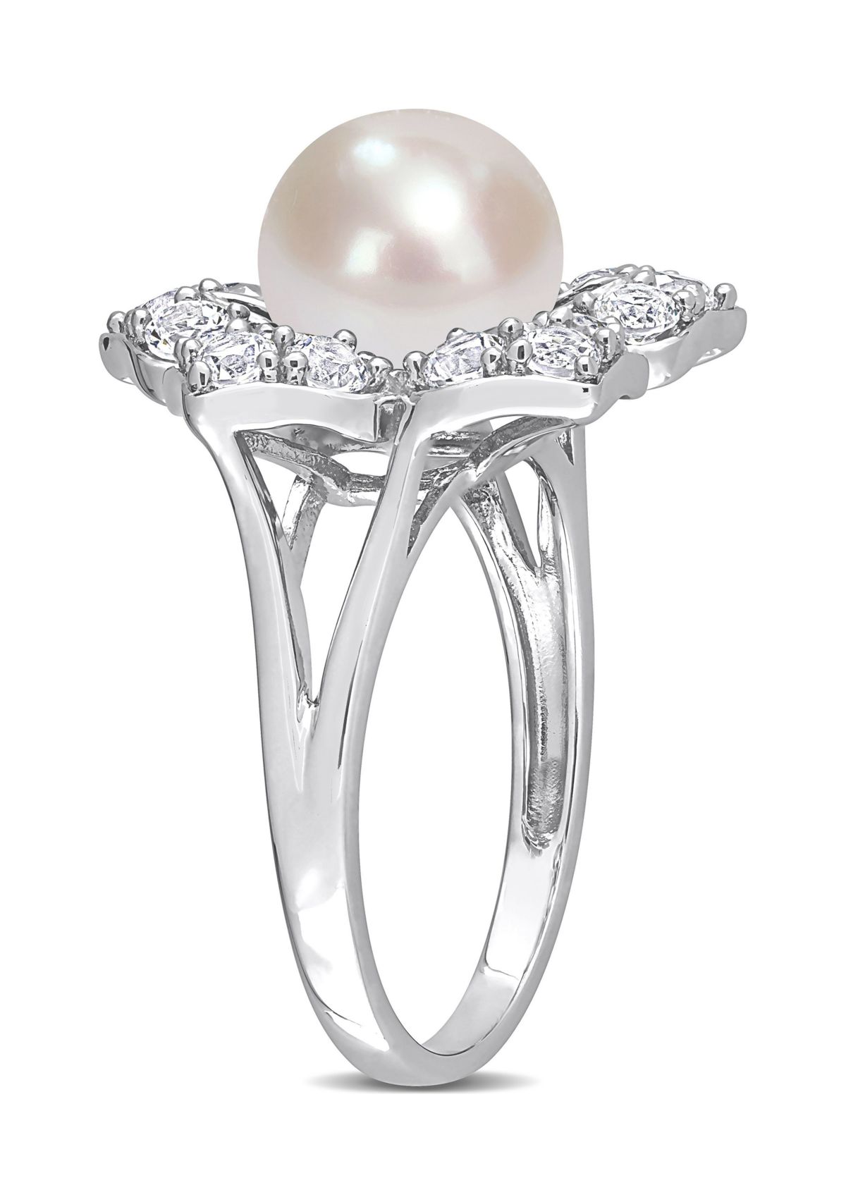Lab Created 8.5-9mm Freshwater Cultured Pearl and 1 1/3 CT TGW Created White Sapphire Floral Pearl Ring in Sterling Silver
