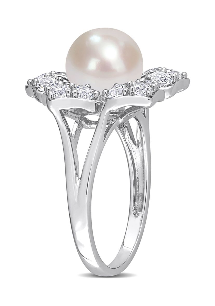 Lab Created 8.5-9mm Freshwater Cultured Pearl and 1 1/3 CT TGW Created White Sapphire Floral Pearl Ring in Sterling Silver