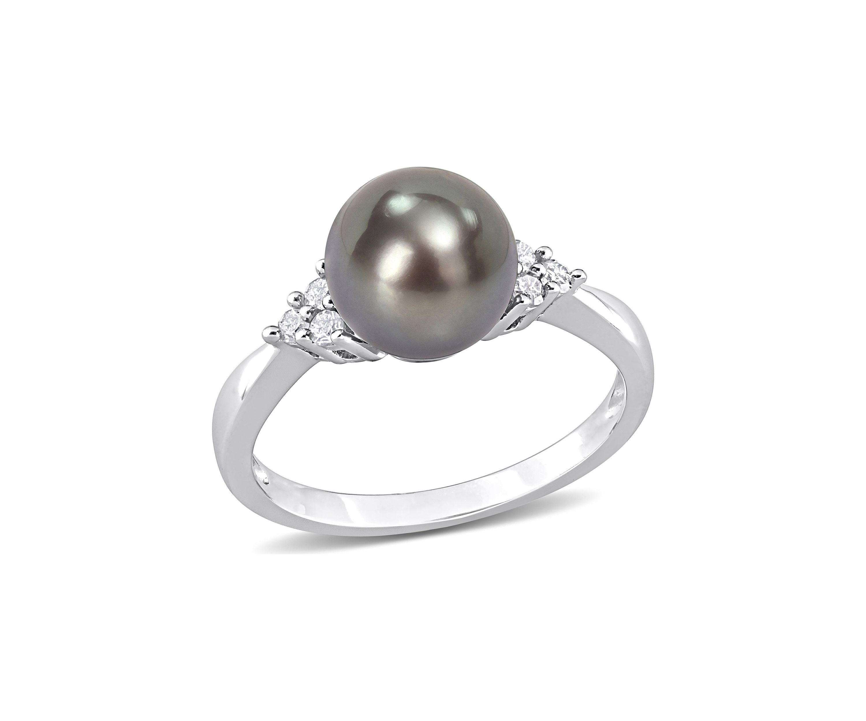 8-8.5mm Black Tahitian Pearl and 1/8 CT TDW Diamond Ring in Sterling Silver