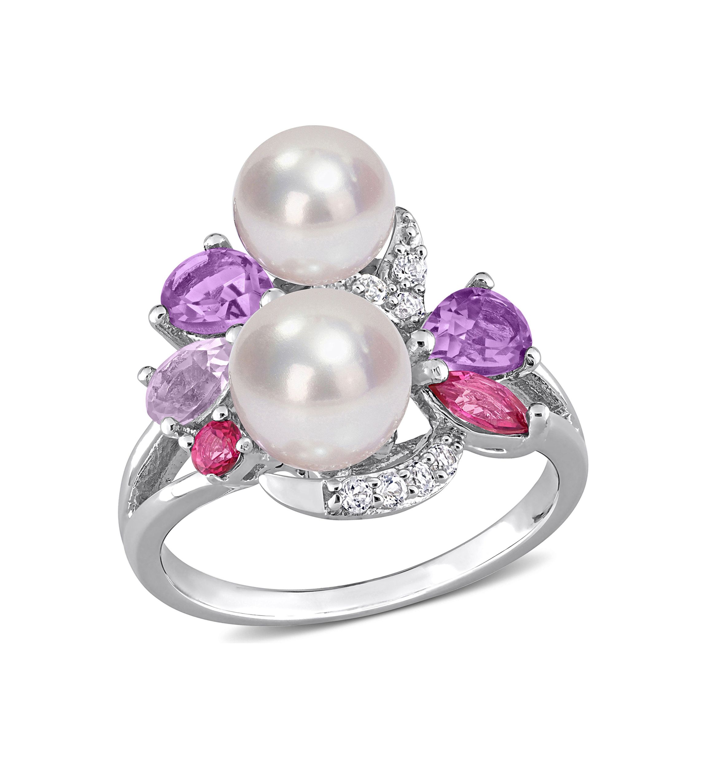 Cultured Freshwater Pearl and 1 3/8 CT TGW Multi-Gemstone Cocktail Ring in Sterling Silver