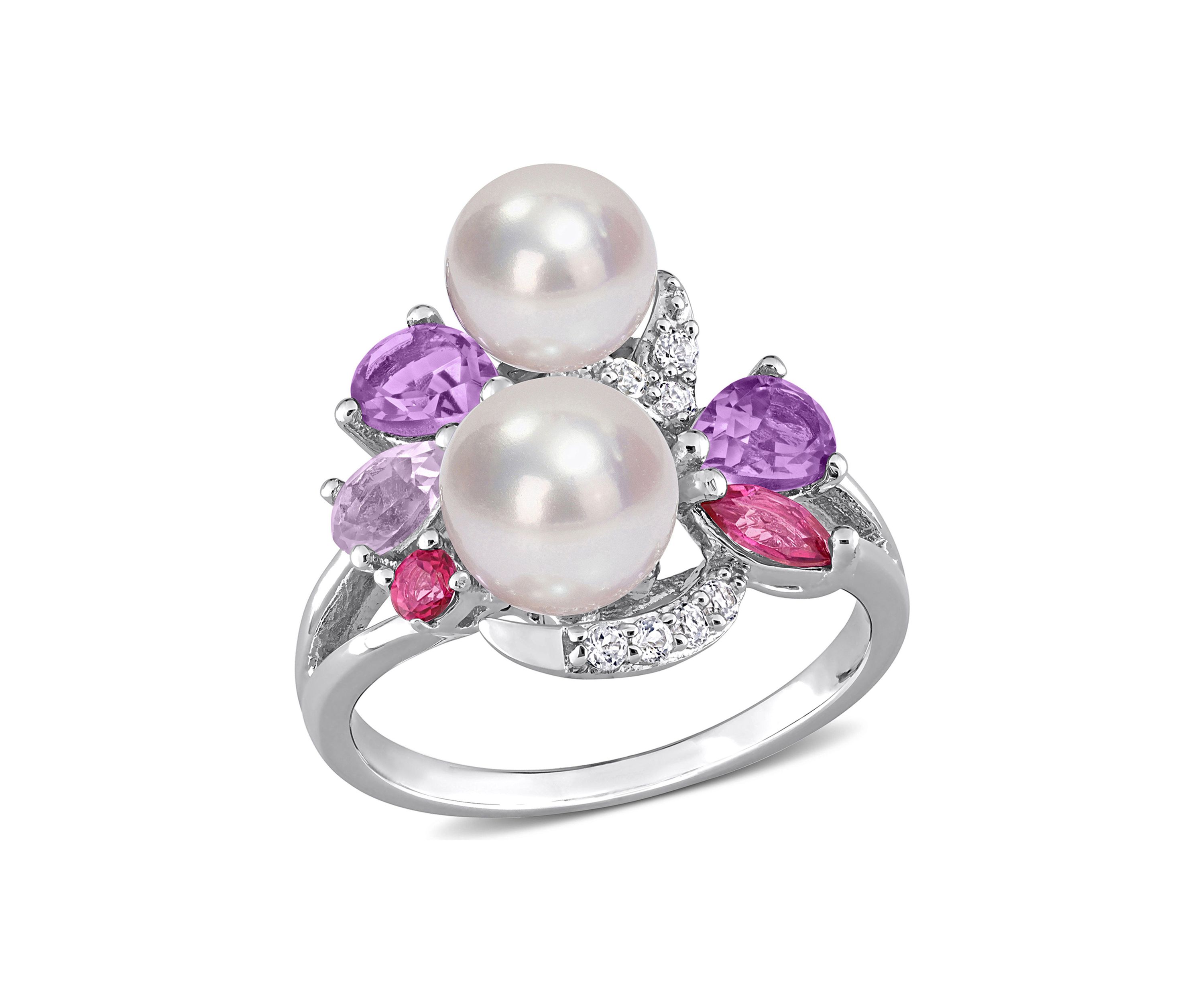 Cultured Freshwater Pearl and 1 3/8 CT TGW Multi-Gemstone Cocktail Ring in Sterling Silver